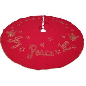 Festive Red Christmas Tree Skirt Joy Peace Love Gold Embroidery Ties Closed EUC